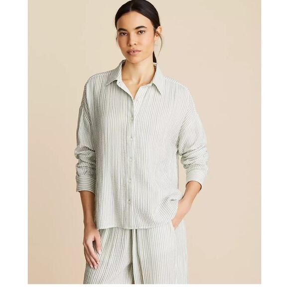 Ann Taylor LOFT Women Striped Triple Cloth Button Front Shirt Size XL Gray Green - Picture 1 of 10